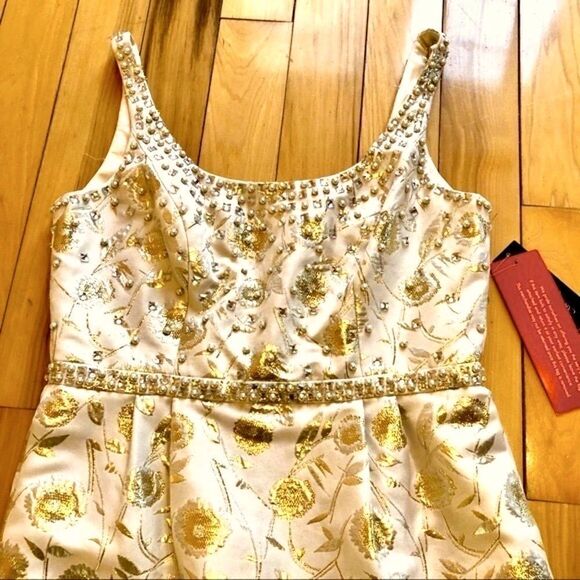 CARMEN MARC VALVO JEWEL EMBELLISHED IVORY & CHAMPAGNE GOLD DRESS 6 NWT - Picture 5 of 16